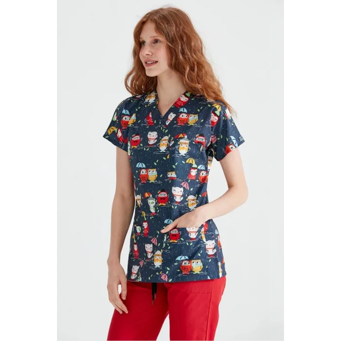 Patterned Nurse Uniform Double Owl Pattern Lycra Top Dr. Greys Cut