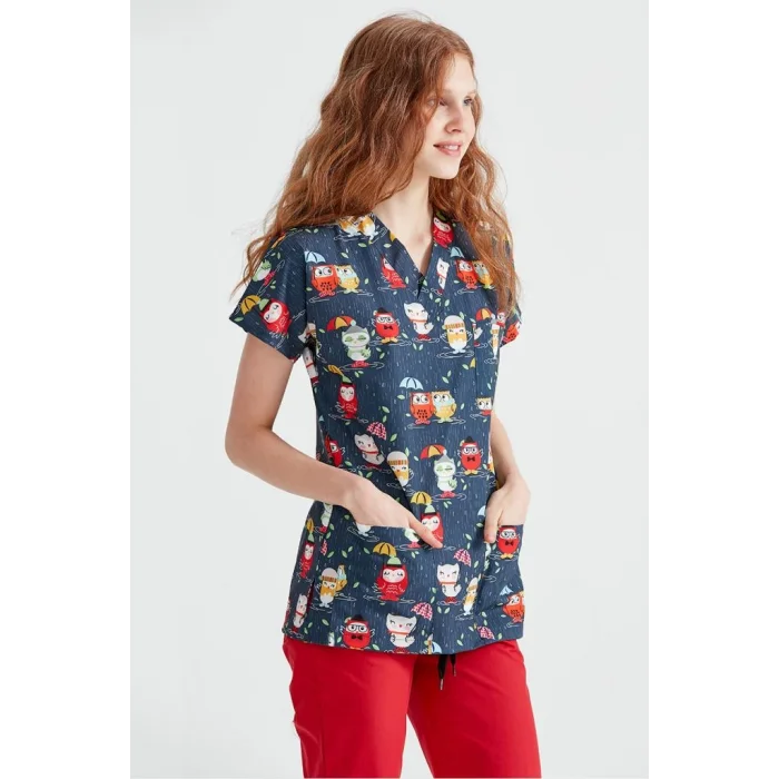 Patterned Nurse Uniform Double Owl Pattern Lycra Top Dr. Greys Cut