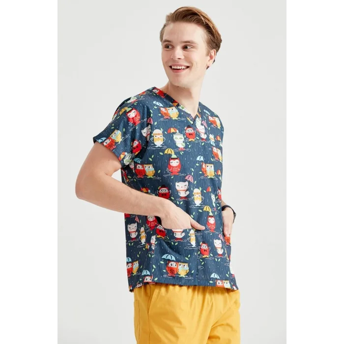 Patterned Nurse Uniform Double Owl Pattern Lycra Top Dr. Greys Cut