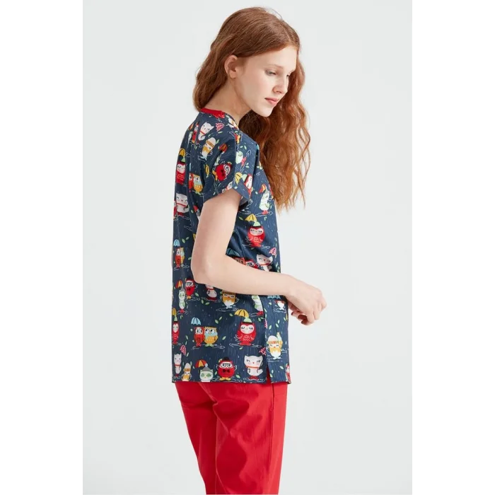 Patterned Nurse Uniform Double Owl Pattern Lycra Top Dr. Greys Cut
