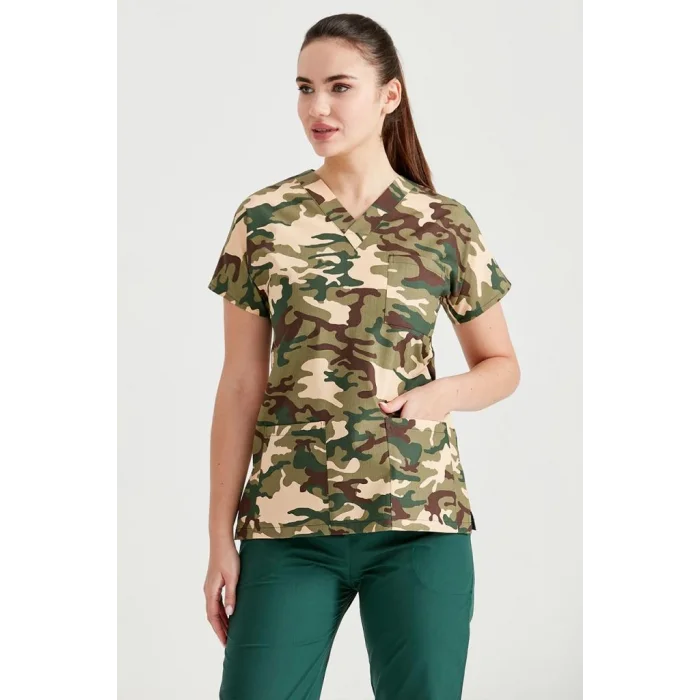 Doktor Forması Askeri Yesil Kamuflaj Desenli Tek Üst Likralı İnce Kumaş Dr Greys Kesim