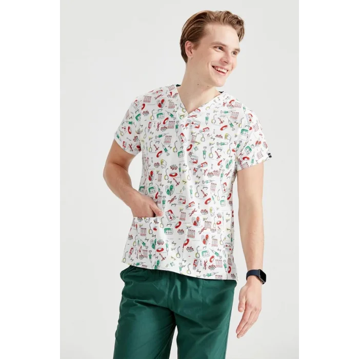 Injector Patterned Lycra Fabric Surgical V-neck Uniform