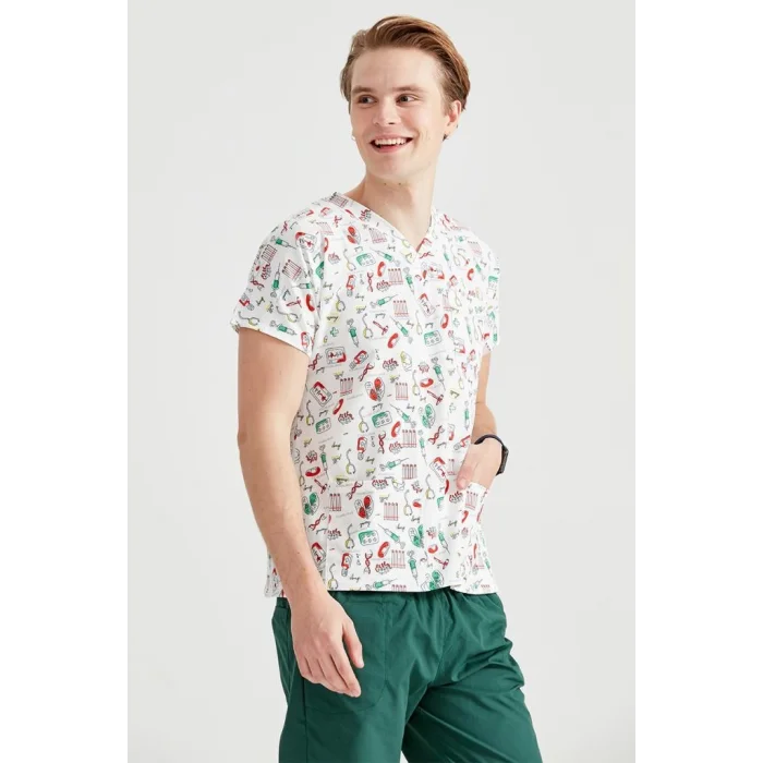 Injector Patterned Lycra Fabric Surgical V-neck Uniform