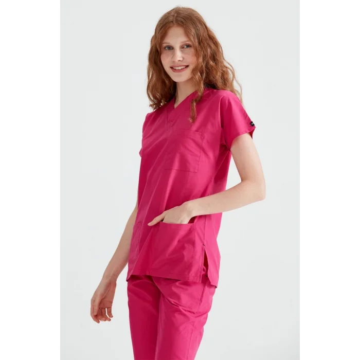 Fuşya Tek Renkli Likralı Kumaş Cerrahi Takım V Yaka Forma
