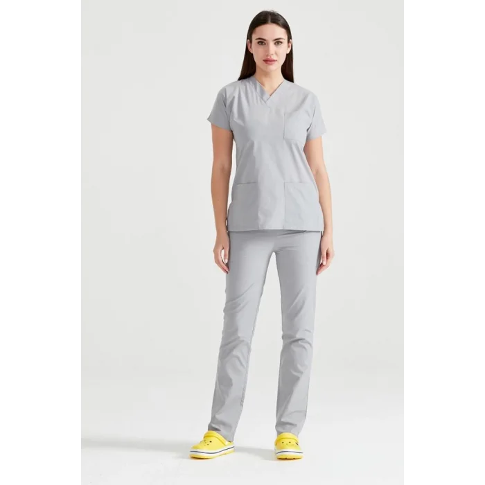 Gray Color Surgical Team Terikoton Thin Fabric V Neck Uniform