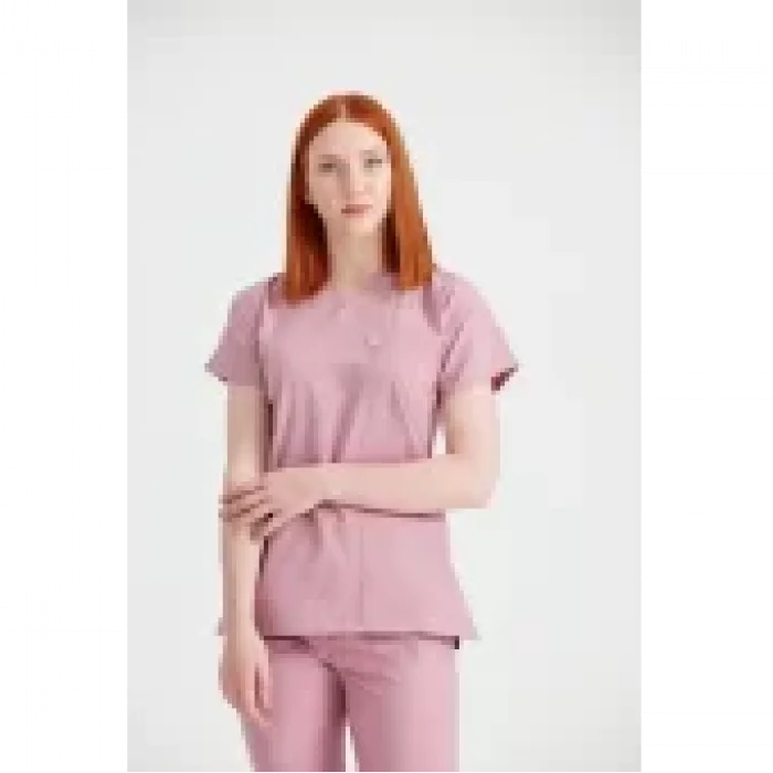 Gül Kurusu Tek Renkli Büyük Beden Likralı Kumaş Cerrahi Takım V Yaka Forma