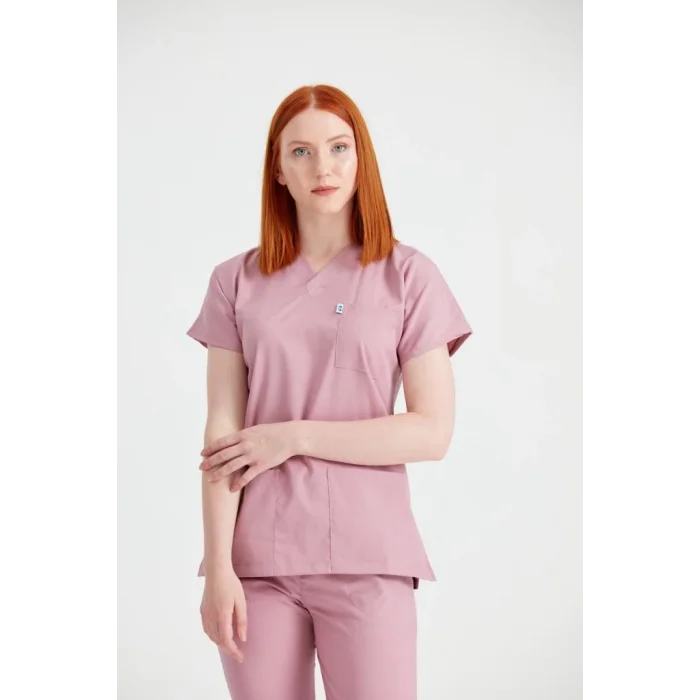 Pink Dry Monochrome Lycra Surgical Set V Neck Uniform