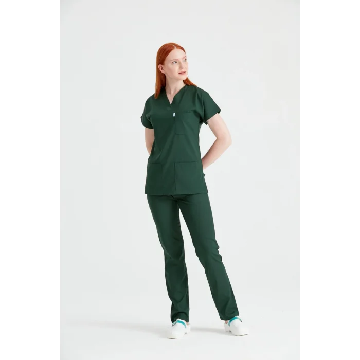 Haki Yeşili Tek Renkli Likralı Kumaş Cerrahi Takım V Yaka Forma