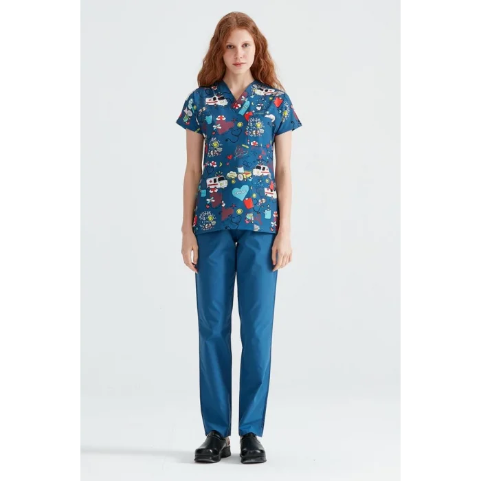 İndigo Ambulans Desenli Likralı Kumaş Cerrahi Takım V Yaka Forma