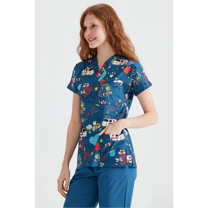 İndigo Ambulans Desenli Likralı Kumaş Cerrahi Takım V Yaka Forma