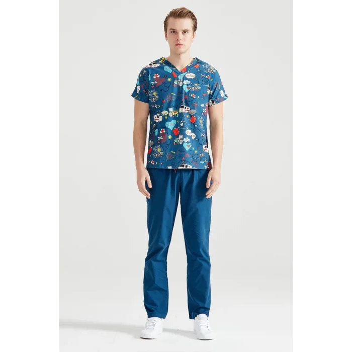 İndigo Ambulans Desenli Likralı Kumaş Cerrahi Takım V Yaka Forma
