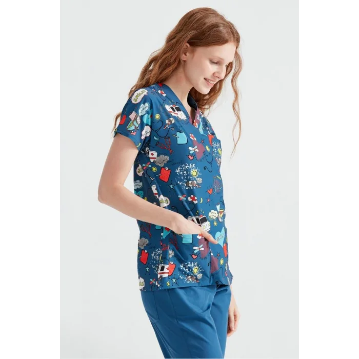 İndigo Ambulans Desenli Likralı Kumaş Cerrahi Takım V Yaka Forma