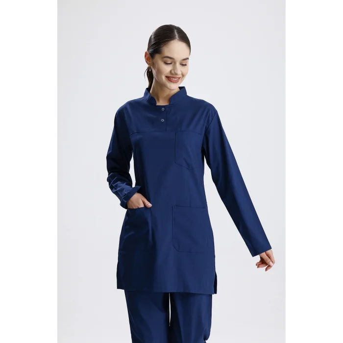 İndigo Mavi Cerrahi Tesettür Takım Likra Kumaş Hakim Yaka Forma