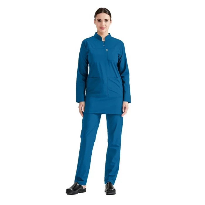 İndigo Mavi Cerrahi Tesettür Takım Likra Kumaş Hakim Yaka Forma