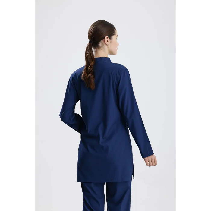 İndigo Mavi Cerrahi Tesettür Takım Likra Kumaş Hakim Yaka Forma