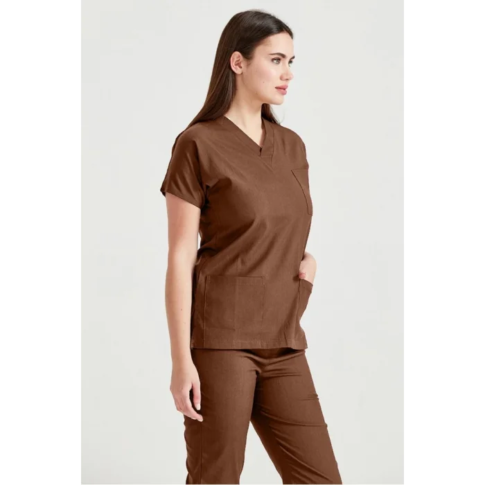 Kahverengi Tek Renkli Likralı Kumaş Cerrahi Takım V Yaka Forma