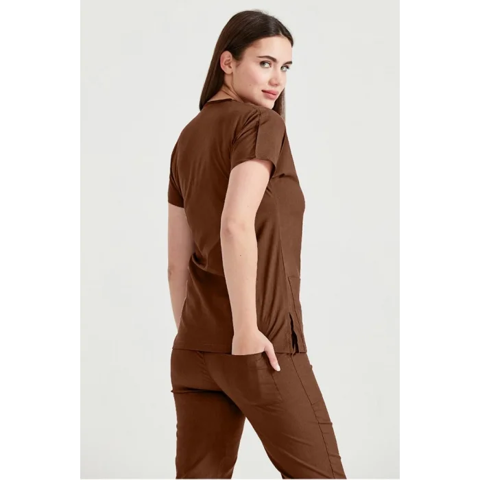 Kahverengi Tek Renkli Likralı Kumaş Cerrahi Takım V Yaka Forma