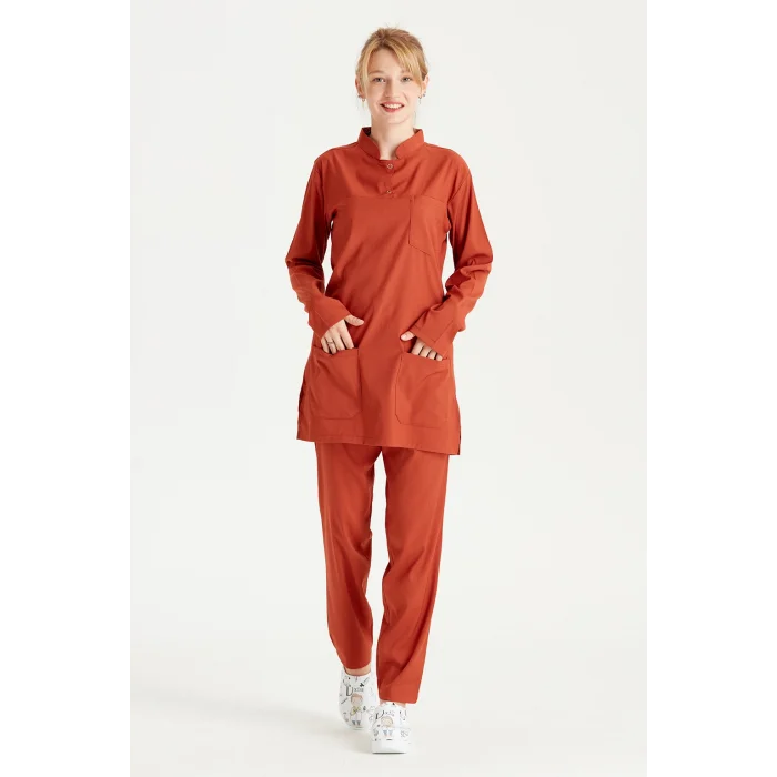 Kiremit Rengi Tesettürlü Likralı Hakim Yaka Renkli Takım Forma