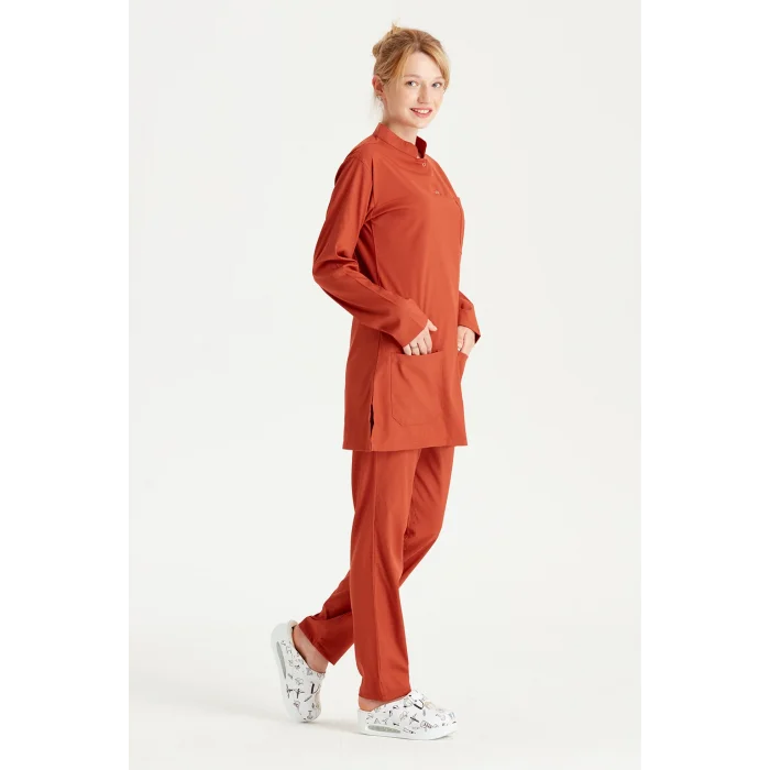 Kiremit Rengi Tesettürlü Likralı Hakim Yaka Renkli Takım Forma