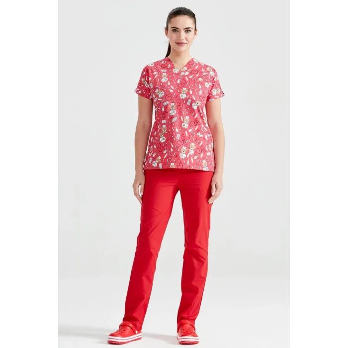 Red Bear Patterned Surgical Set Terry Cotton Thin Fabric V Neck Uniform
