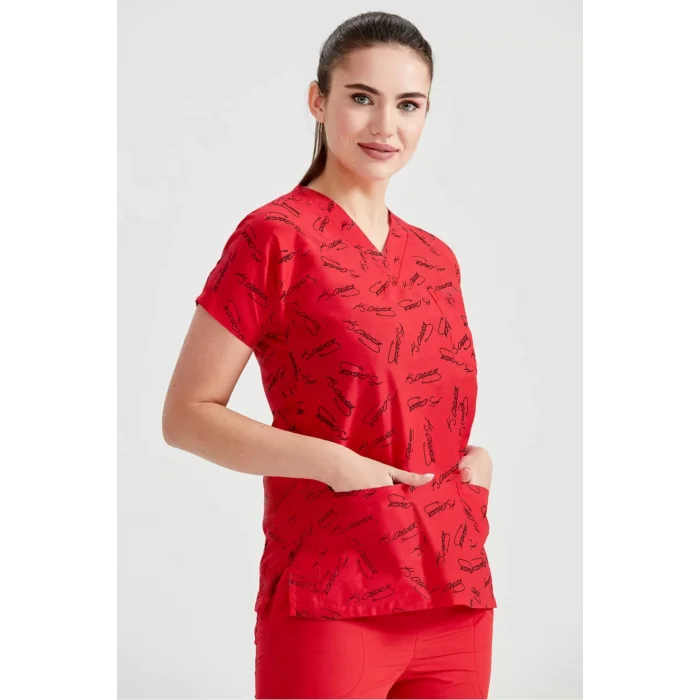 Kırmızı Renkli Terikoton Kumaş Atatürk İmza Desenli Tek Üst Forma