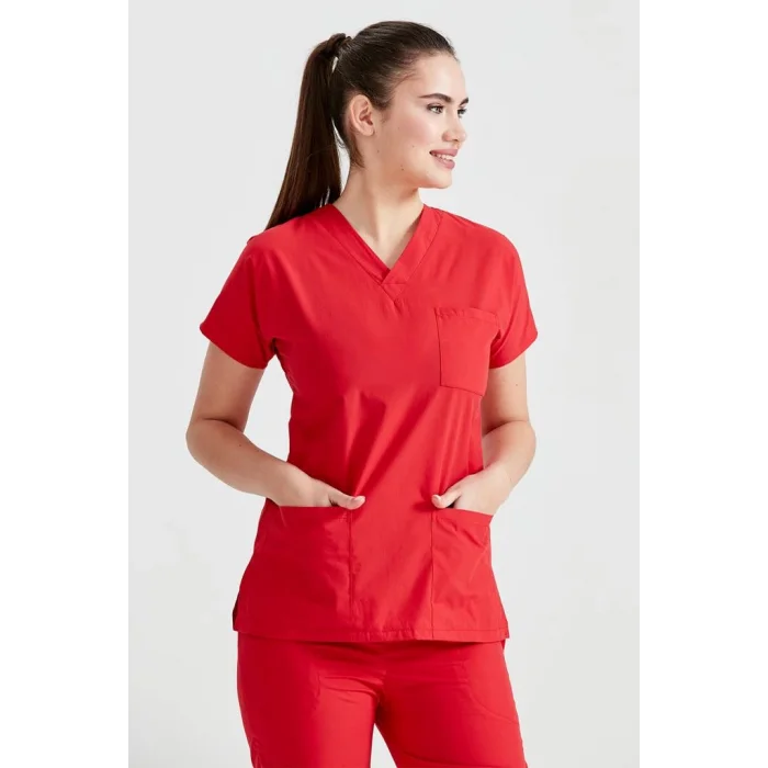 Red Single Color Lycra Fabric Surgical Set V Neck Uniform