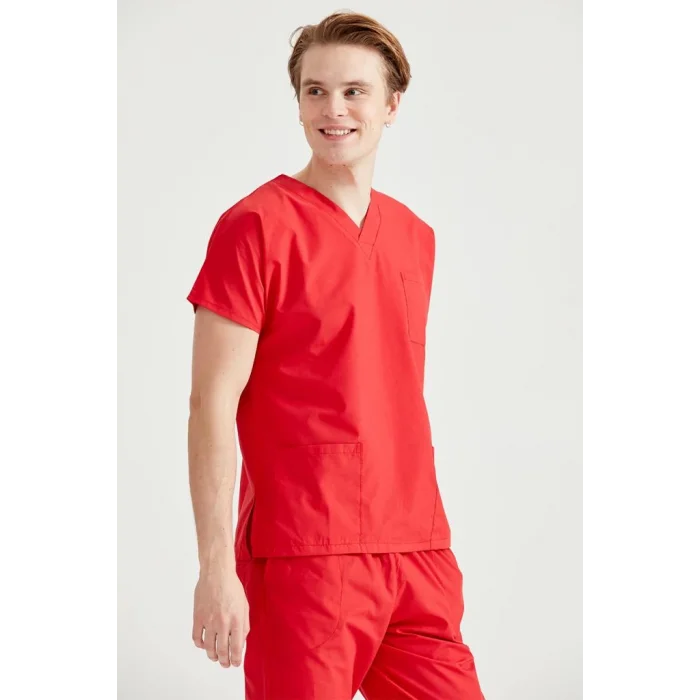 Red Single Color Lycra Fabric Surgical Set V Neck Uniform