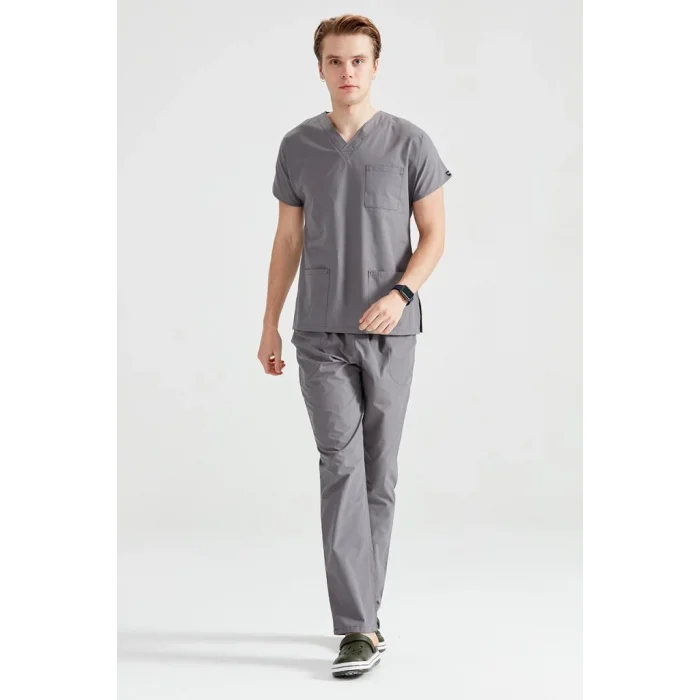 Dark Gray Monochrome Lycra Fabric Surgical Set V-neck Uniform