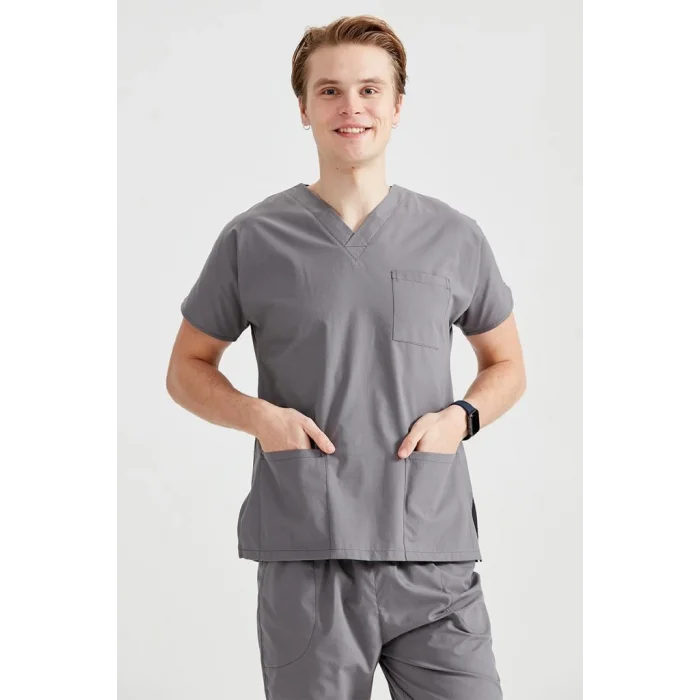 Dark Gray Monochrome Lycra Fabric Surgical Set V-neck Uniform