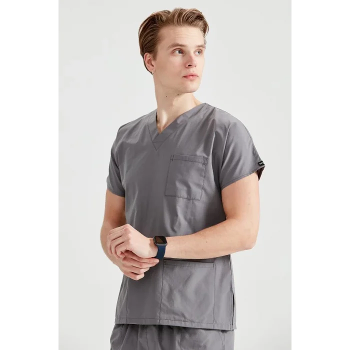 Dark Gray Monochrome Lycra Fabric Surgical Set V-neck Uniform