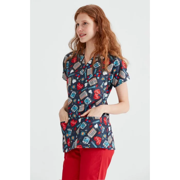 Koyu Reçete Desenli Likralı Kumaş Cerrahi Takım V Yaka Forma