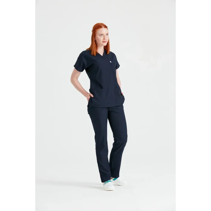 Lacivert Tek Renkli Likralı Kumaş Cerrahi Takım V Yaka Forma