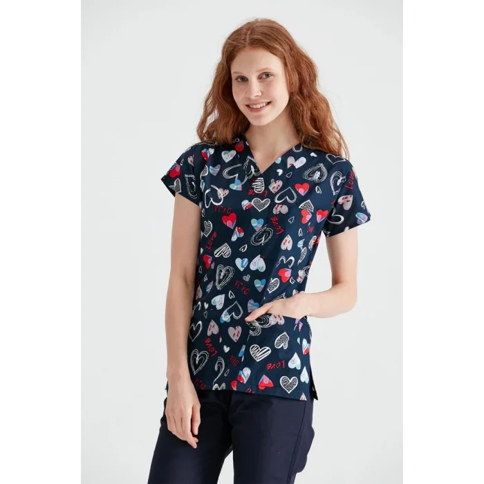 Likra Kumaş Cerrahi Desenli Takım Lacivert Kalp Desenli Likralı Tek Üst Dr Greys Kesim