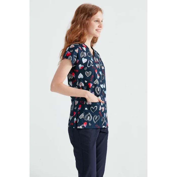 Likra Kumaş Cerrahi Desenli Takım Lacivert Kalp Desenli Likralı Tek Üst Dr Greys Kesim