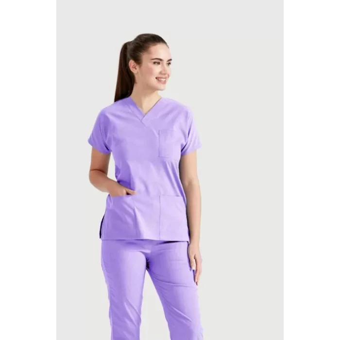 Lila Tek Renkli Büyük Beden Likralı Kumaş Cerrahi Takım V Yaka Forma