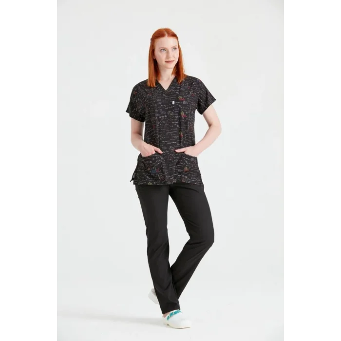 Cerrahi Forma Takım Likralı Kumaş Matematik Desenli V Yaka