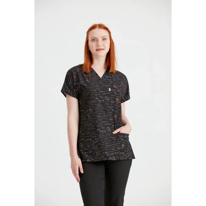 Cerrahi Forma Takım Likralı Kumaş Matematik Desenli V Yaka