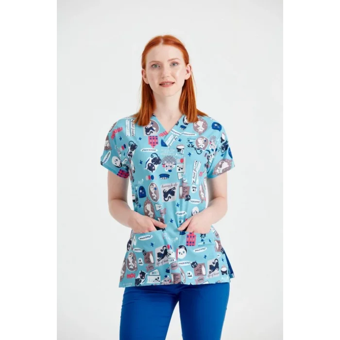Kedi Desenli Mavi Likralı Kumaş Cerrahi V Yaka Takım