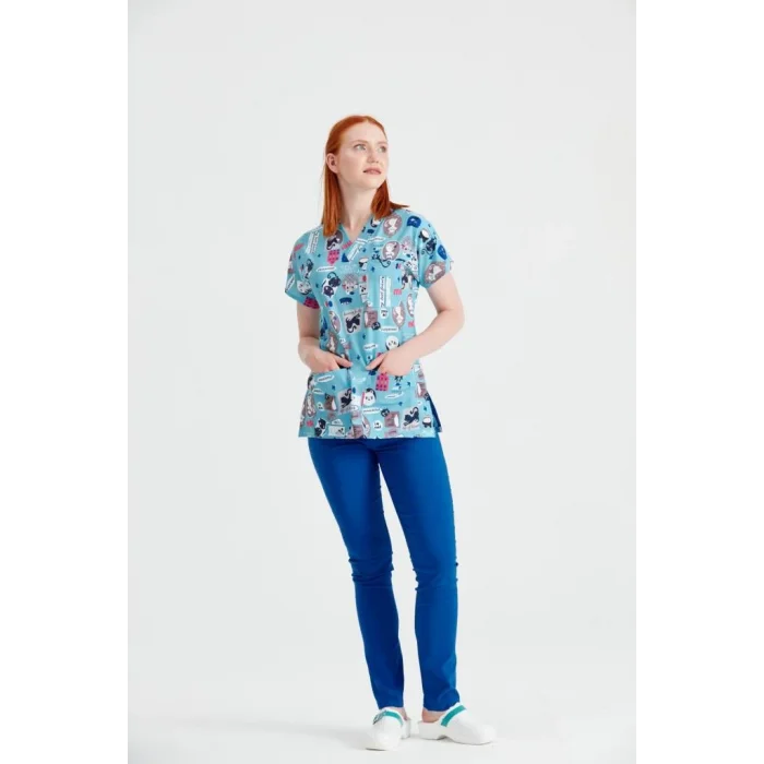 Kedi Desenli Mavi Likralı Kumaş Cerrahi V Yaka Üst Forma