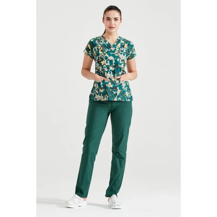 Meşe Yaprağı Desenli Cerrahi Takım Terikoton İnce Kumaş V Yaka Forma