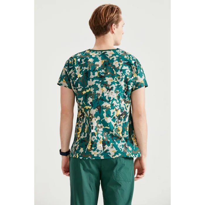 Meşe Yaprağı Desenli Cerrahi Takım Terikoton İnce Kumaş V Yaka Forma