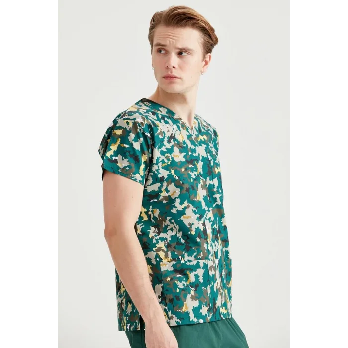 Meşe Yaprağı Desenli Cerrahi Takım Terikoton İnce Kumaş V Yaka Forma