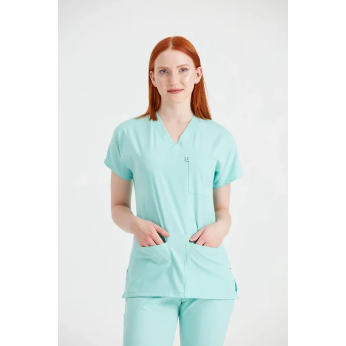 Mint Green Single Color Lycra Fabric Surgical Set V-Neck Uniform