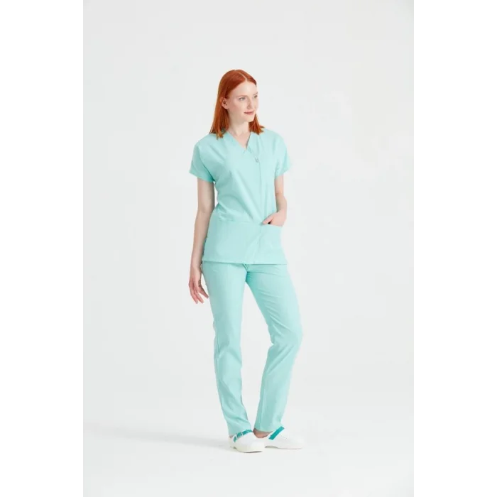 Mint Green Single Color Lycra Fabric Surgical Set V-Neck Uniform