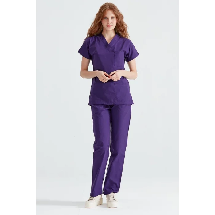 Cerrahi Takım Terikoton İnce Kumaş Mor Renkli V Yaka