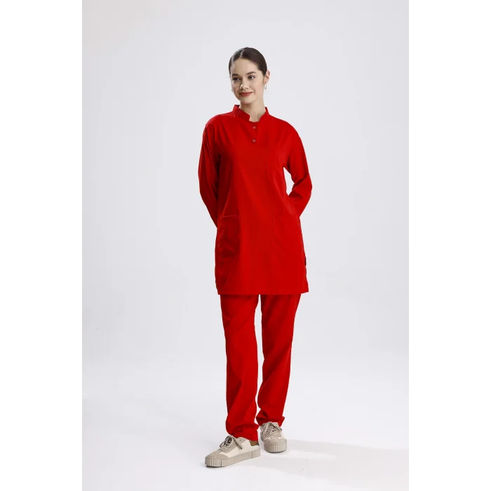 Kırmızı Cerrahi Tesettür Takım Likra Kumaş Hakim Yaka Forma