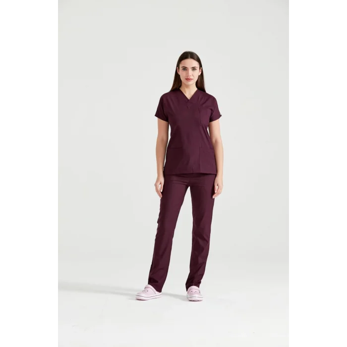 Mürdüm Renk Likra Kumaş Cerrahi Tek Üst Forma V Yaka