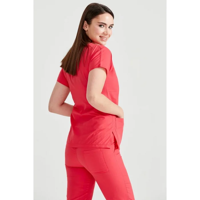 Nar Çiçeği Renkli Cerrahi Takım Terikoton İnce Kumaş V Yaka Forma