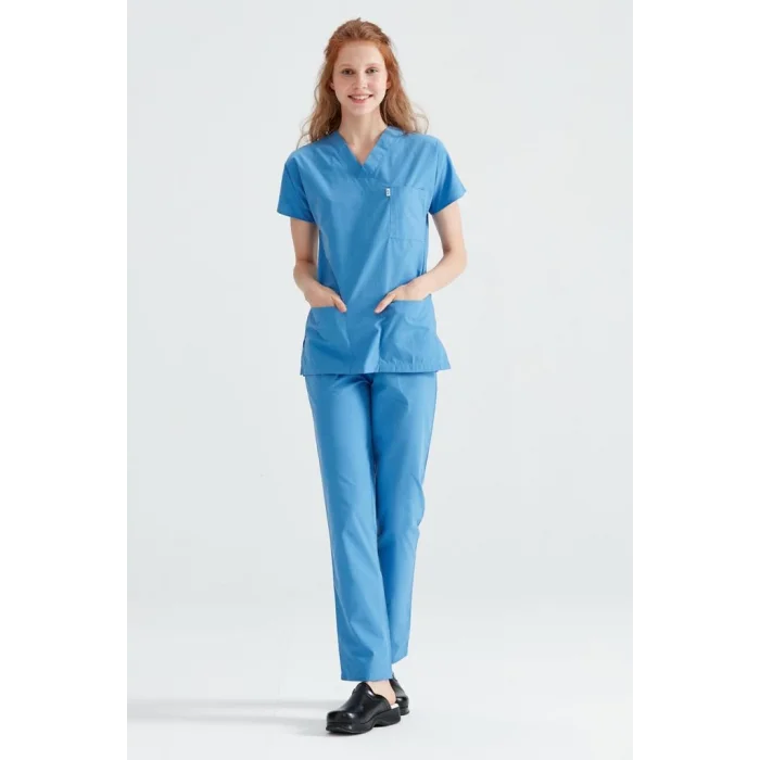 Parliament Blue Single Color Lycra Surgical Set V-Neck Uniform