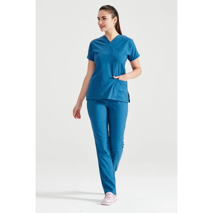 Petrol Blue Monochrome Lycra Fabric Surgical Suit V Neck Uniform